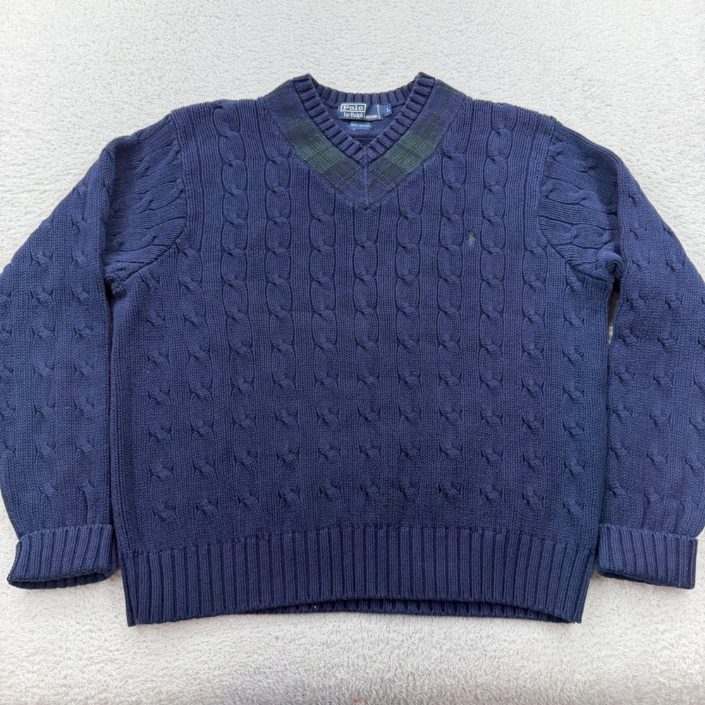 Polo Ralph Lauren Mens Navy‎ Blue Cable Knit Cotton V-Neck Plaid Trim Sweater L